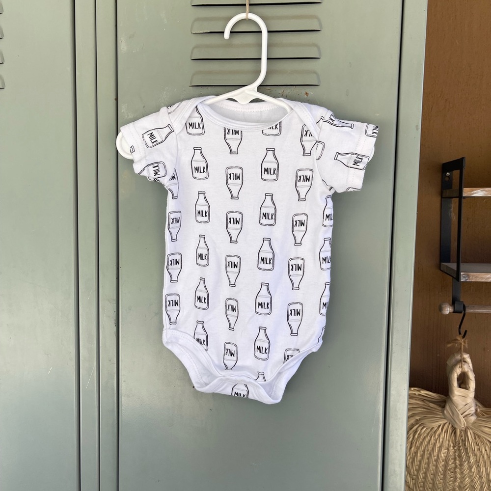 White and Black Bodysuit with Milk Bottle Print